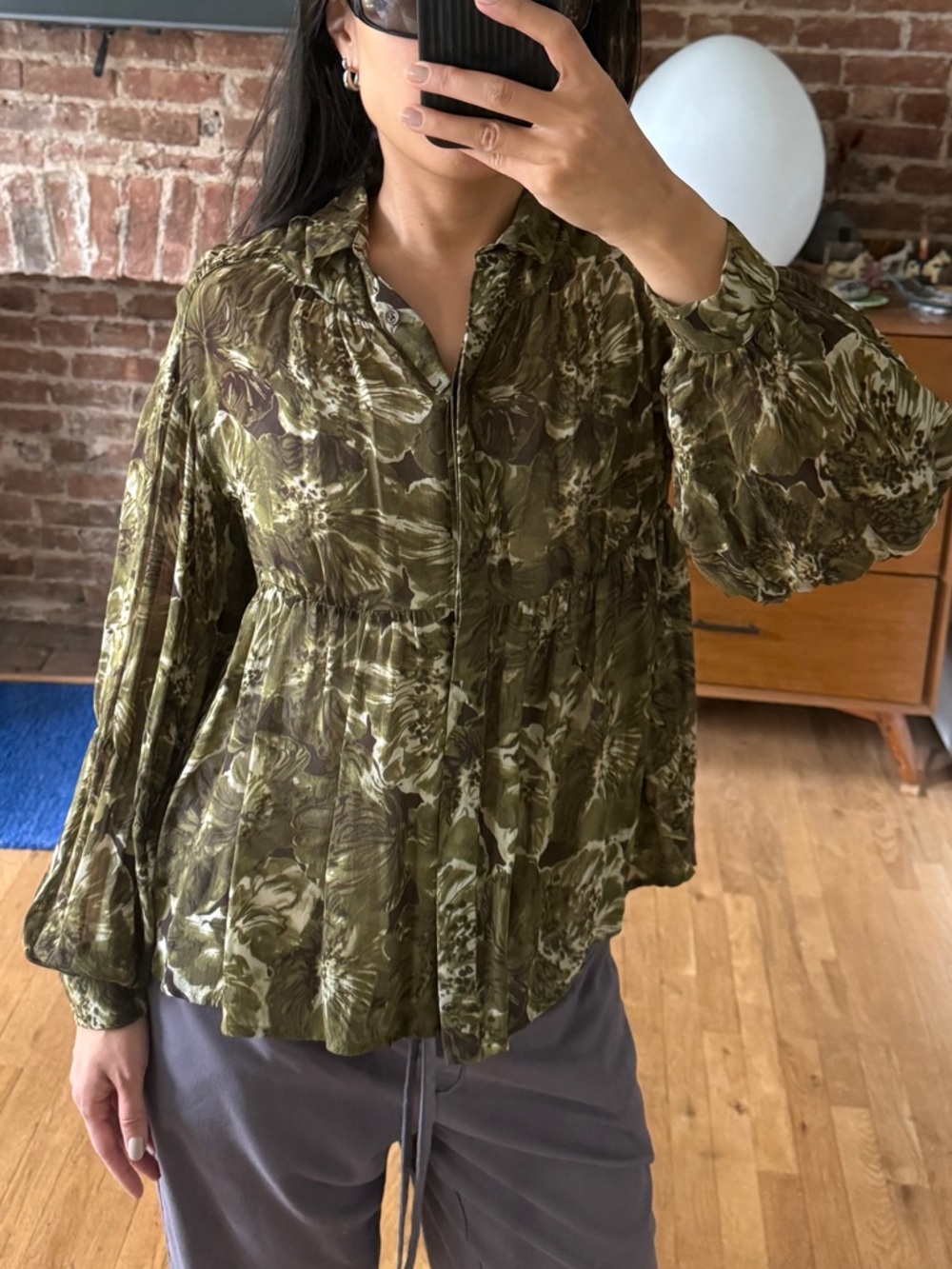 MICHAEL Michael Kors Olive Green Floral Sheer Blouse